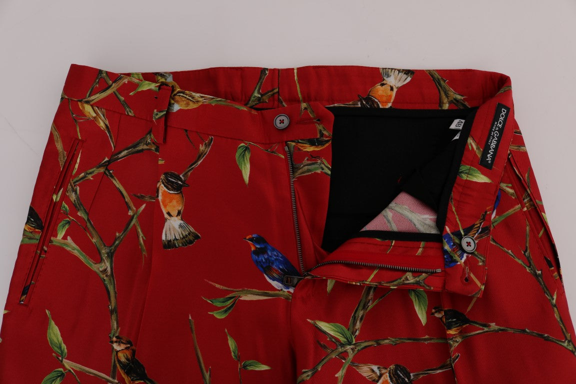 Dolce & Gabbana Pantalón de vestir de seda rojo con estampado de pájaros