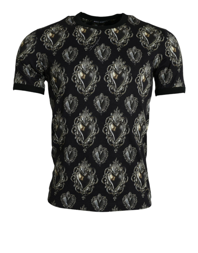 Dolce & Gabbana Camiseta negra con cuello redondo de algodón Sagrado Corazón