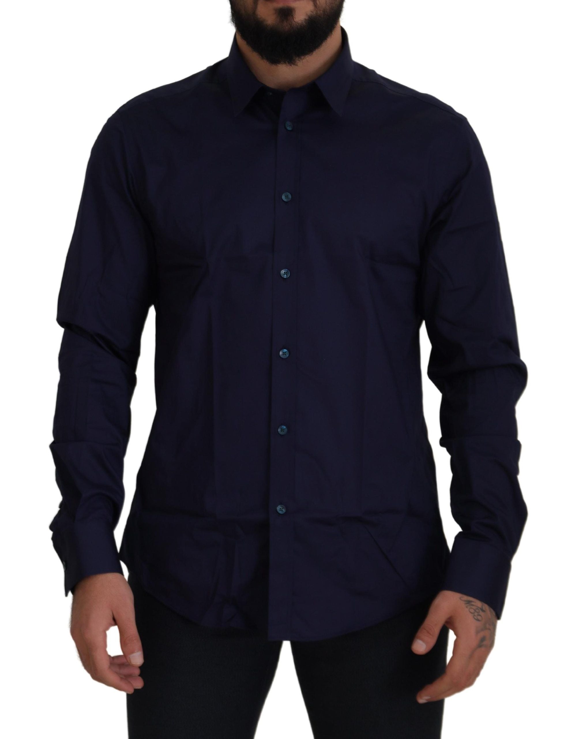 Versace Collection Elegante camisa de vestir en mezcla de algodón azul oscuro