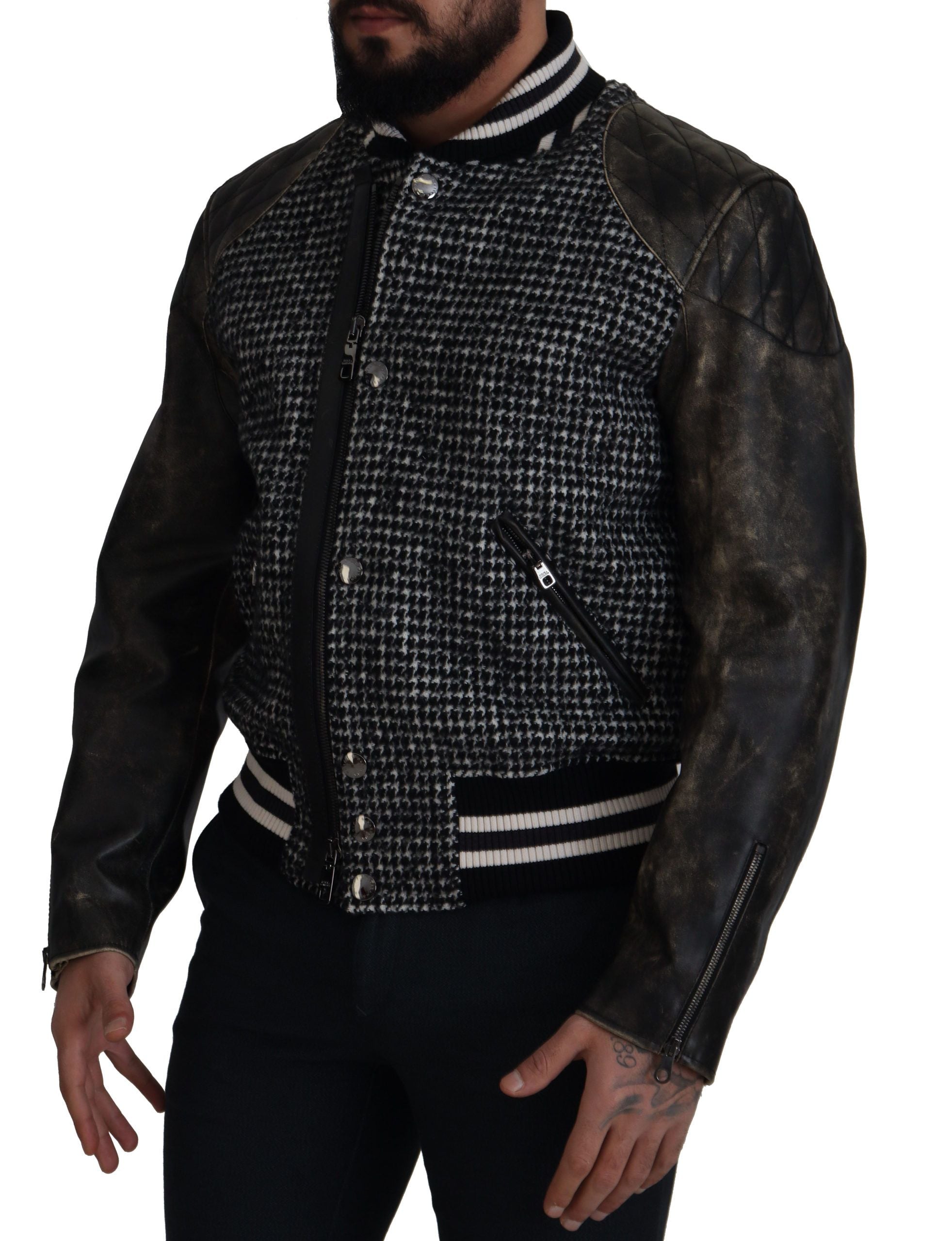 Dolce & Gabbana Multicolor Houndstooth Leather Bomber Jacket