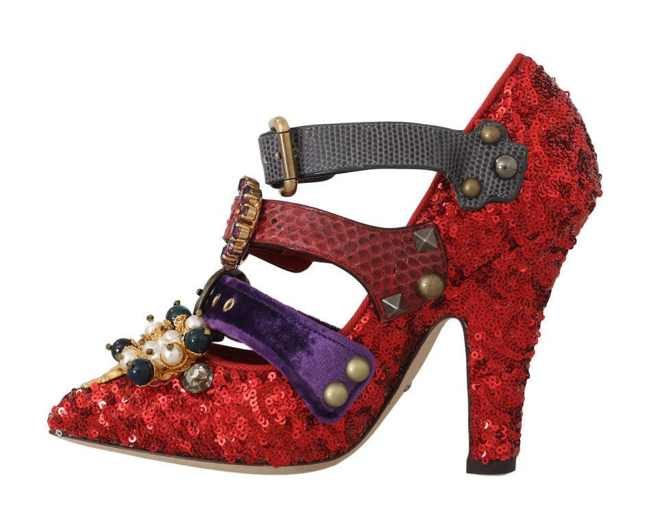 Dolce & Gabbana Red Sequined Crystal Studs Heels Shoes - GENUINE AUTHENTIC BRAND LLC