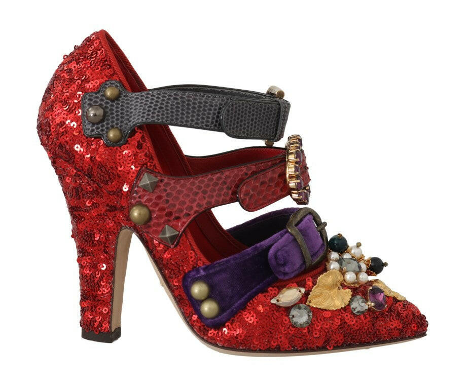 Dolce & Gabbana Red Sequined Crystal Studs Heels Shoes - GENUINE AUTHENTIC BRAND LLC