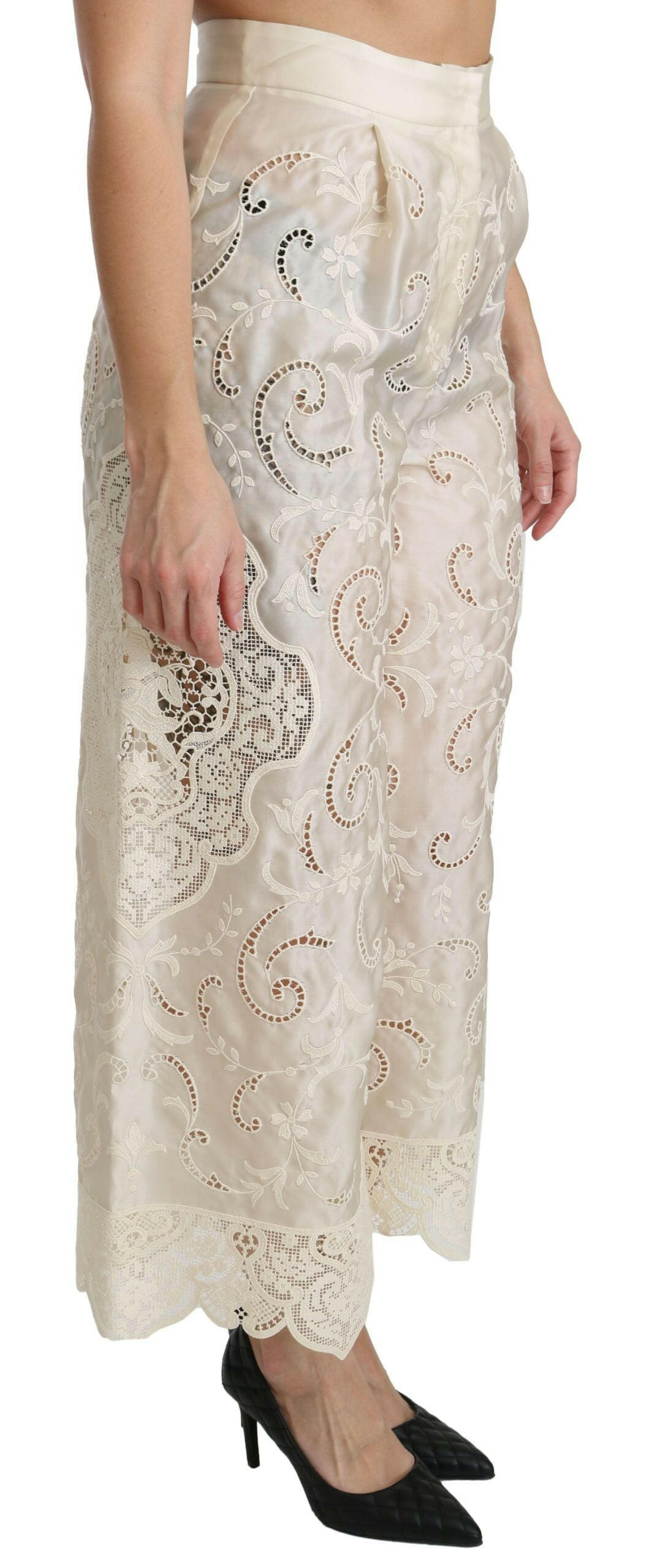 Dolce & Gabbana Cream Lace High Waist Palazzo Cropped Pants - GENUINE AUTHENTIC BRAND LLC  