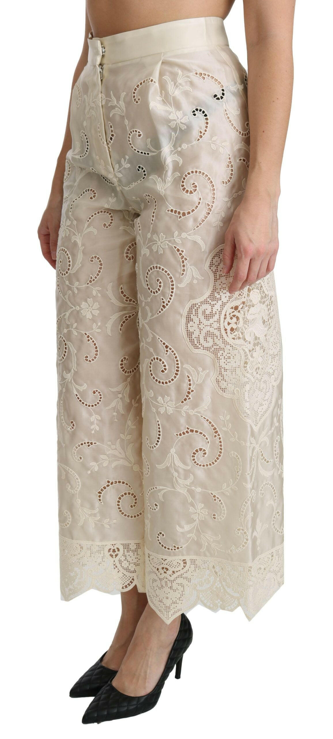 Dolce & Gabbana Cream Lace High Waist Palazzo Cropped Pants - GENUINE AUTHENTIC BRAND LLC  