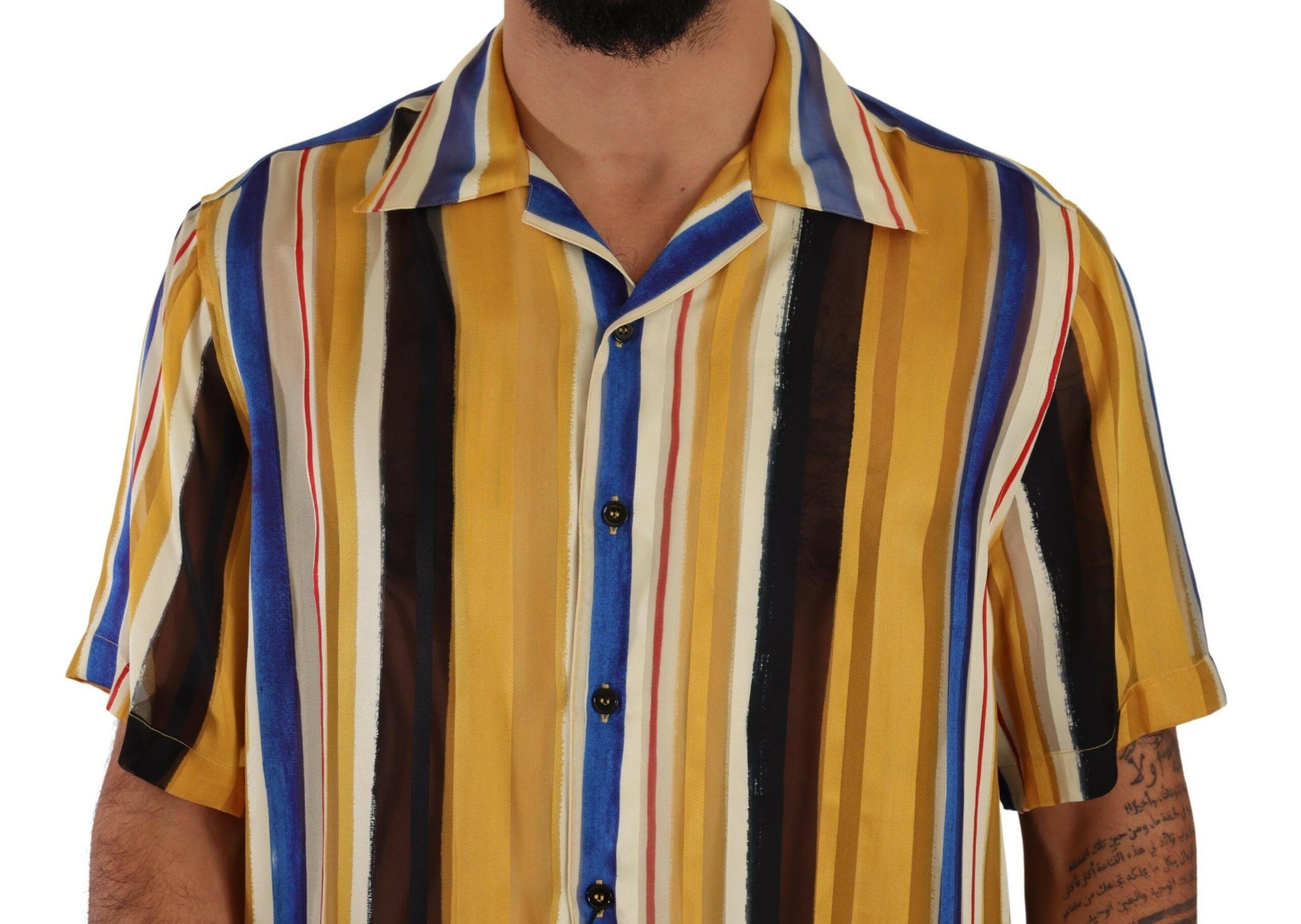Dolce & Gabbana Yellow Striped Short Sleeve Silk Shirt - GENUINE AUTHENTIC BRAND LLC  