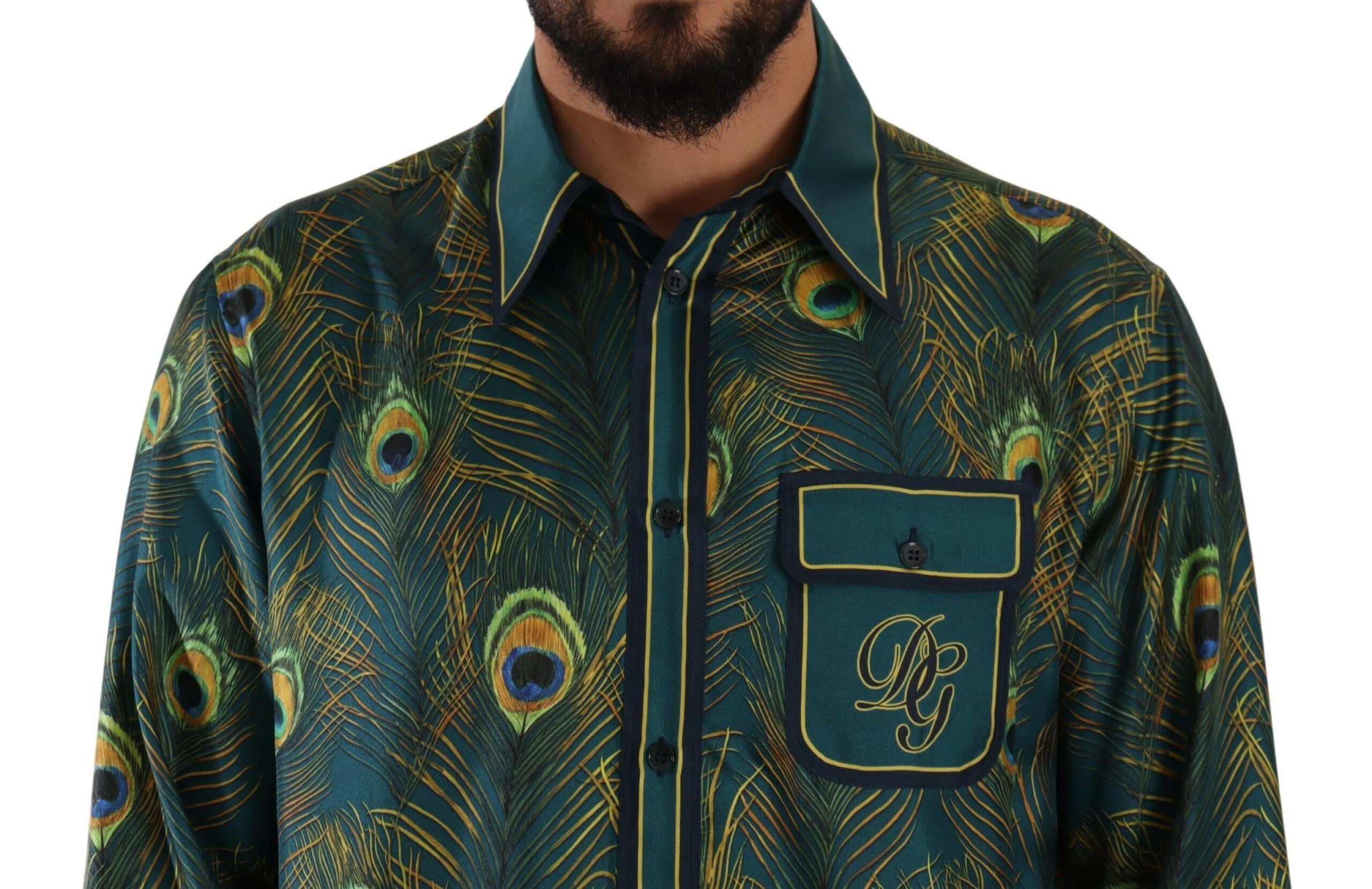 Dolce & Gabbana Peacock Feather Print Silk Pajama Mens Shirt - GENUINE AUTHENTIC BRAND LLC  