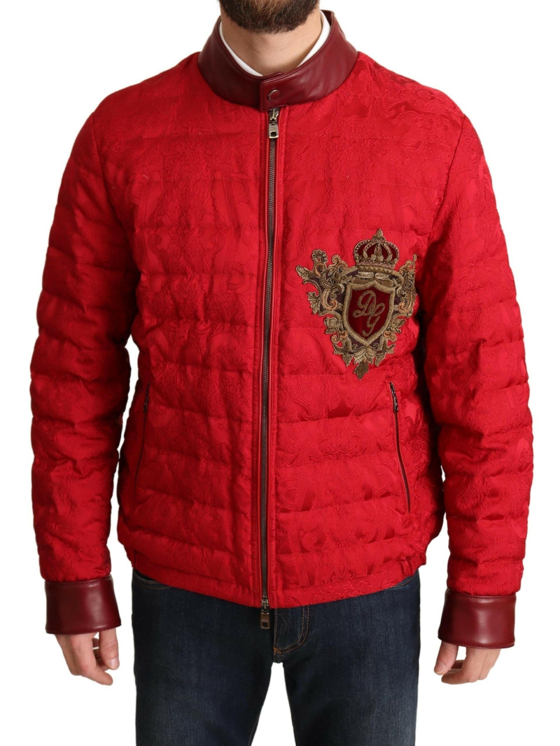Dolce & Gabbana Red Brocade Bomber Gold Crown Logo Coat Jacket - GENUINE AUTHENTIC BRAND LLC  