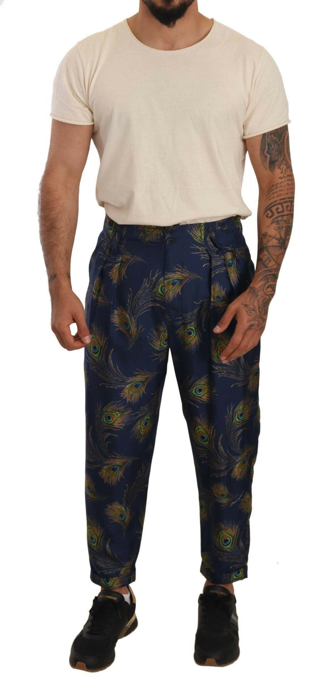 Dolce & Gabbana Blue Peacock Print Tapered Trousers Silk Pants - GENUINE AUTHENTIC BRAND LLC  