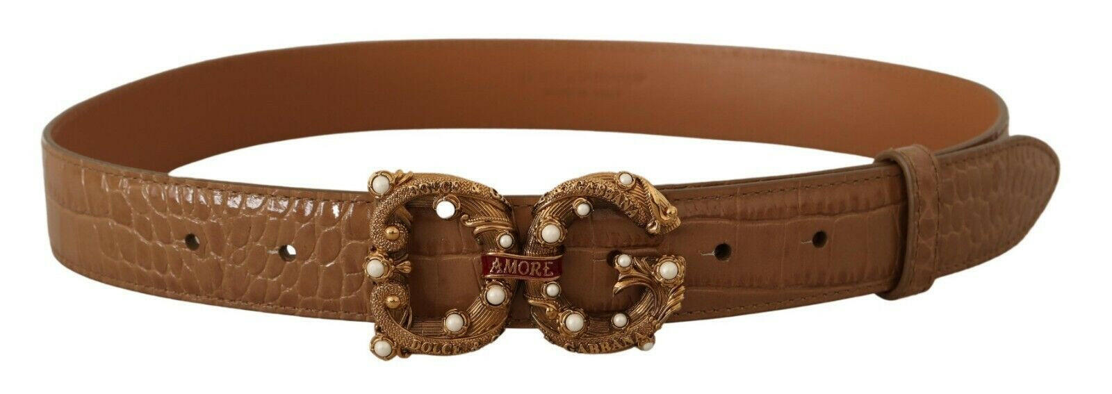 Dolce & Gabbana Brown Crocodile Pattern Leather Logo Amore  Belt - GENUINE AUTHENTIC BRAND LLC  